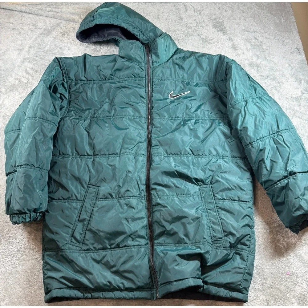 Vintage Nike Y2K Reversible Hooded Puffer Jacket Men's L‎ Spellout Swoosh